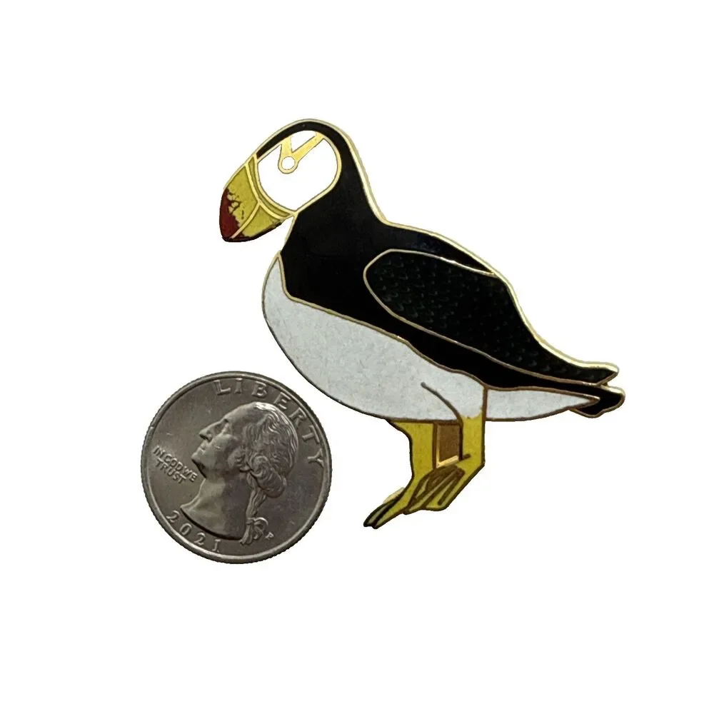 Vintage Cloisonne PUFFIN BIRD Brooch Black White Yellow Enamel Lapel Pin 2